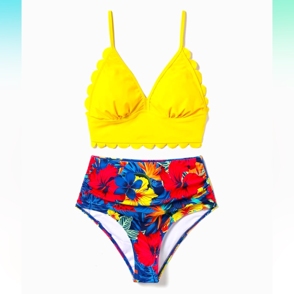 🚘Solid Scallop Trim Strappy Two-Piece Swimsuit and Allover Floral Print Swim